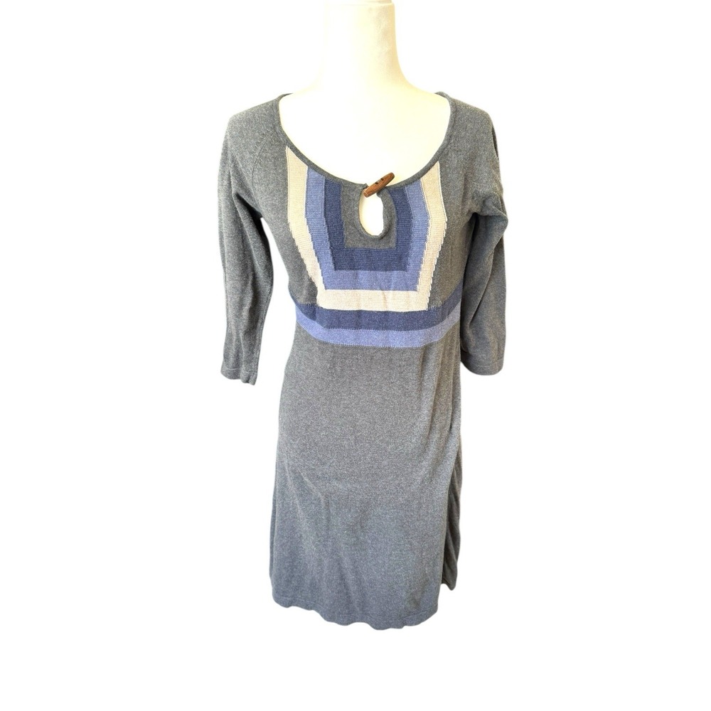 PrAna Women's Sweater Dress Gray Blue Striped‎ Knit 3/4 Sleeve Size Small Cozy